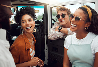 Buy stock photo Diversity friends relax during car road trip for travel journey, open road freedom and fun holiday adventure to Australia. Driving SUV van, transportation and happy young group of people on vacation