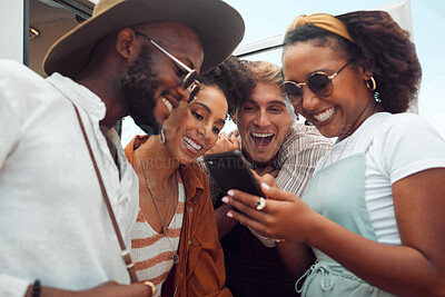 Buy stock photo Happy, friends and smartphone with funny social media meme together for bonding leisure online. Joyful smile of people in diverse friendship laughing at comedy joke on mobile internet app.