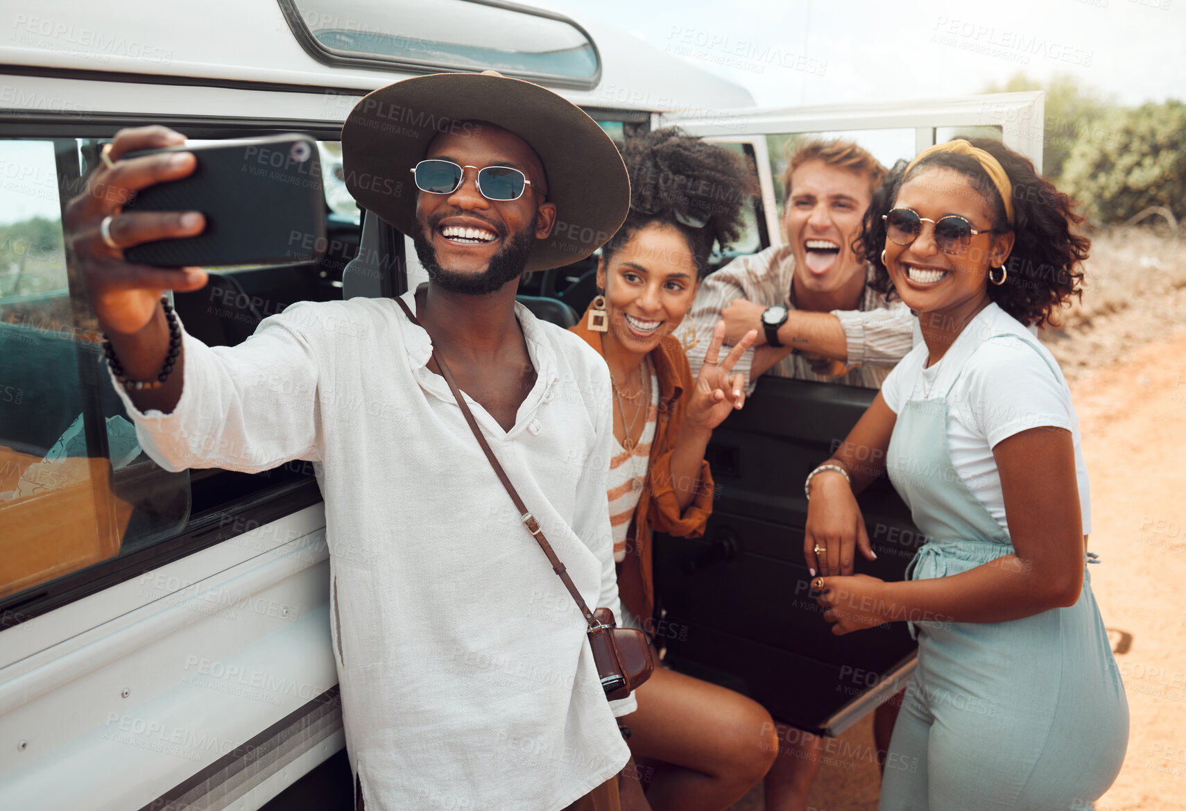 Buy stock photo Friends selfie, road trip desert and smile on travel vacation journey in van together. Nature safari adventure, quality time on holiday and group diversity photo with smartphone for social media post