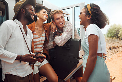 Buy stock photo Diversity, happy and friends on a road trip via a van in summer holidays to enjoy freedom and countryside adventures. Smile, men and young women laughing and relaxing outdoors in California nature 