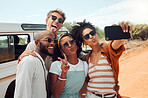 Summer, selfie and friends on road trip adventure in the countryside taking a picture on phone. Travel, holiday and group of people with smartphone, car and smile on faces, happy on nature vacation