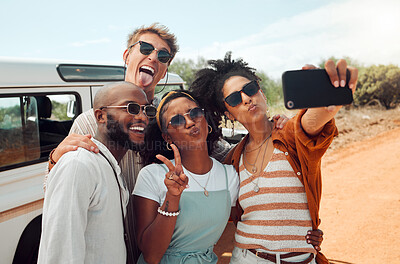 Buy stock photo Summer, selfie and friends on road trip adventure in the countryside taking a picture on phone. Travel, holiday and group of people with smartphone, car and smile on faces, happy on nature vacation