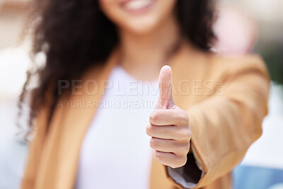 Buy stock photo Thumbs up, happy and woman in agreement with sale while in the city of Amsterdam. Girl with emoji hand for goal, thank you or happiness while shopping for fashion with smile and mock up space 
