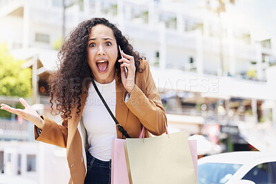 Buy stock photo Phone, wow and shopping with a black woman customer looking surprised while in an outdoor city mall. Retail, sale and deal with a young female on a mobile call talking about a store discount