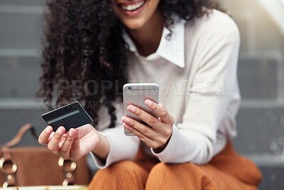 Buy stock photo Online shopping, credit card and woman on a smartphone in the city with phone and bank card in hand. Girl on internet doing shopping, ecommerce and retail purchase. Businesswoman doing online banking