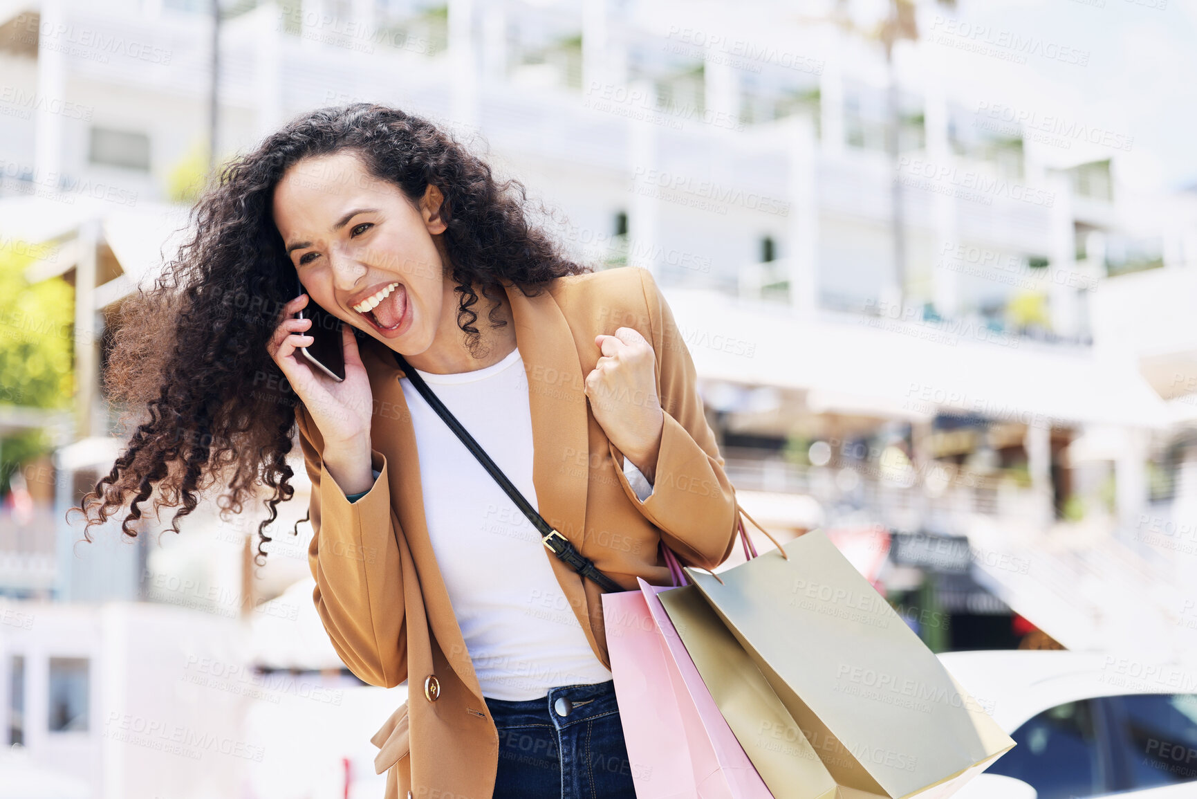 Buy stock photo Happy woman call in city, excited shopping customer talking wow and New York goals celebration. Black friday sale in retail store, girl winner scream yes on smartphone and ecommerce discount success