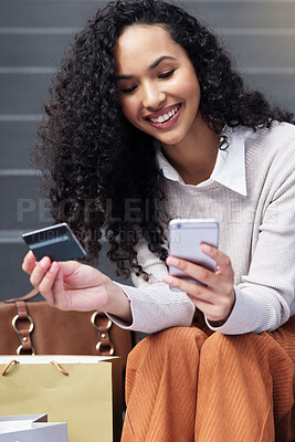 Buy stock photo Online shopping, payment and customer with phone and credit card for fintech online payment of sale product. E commerce banking, digital retail and black woman happy with gift card financial purchase