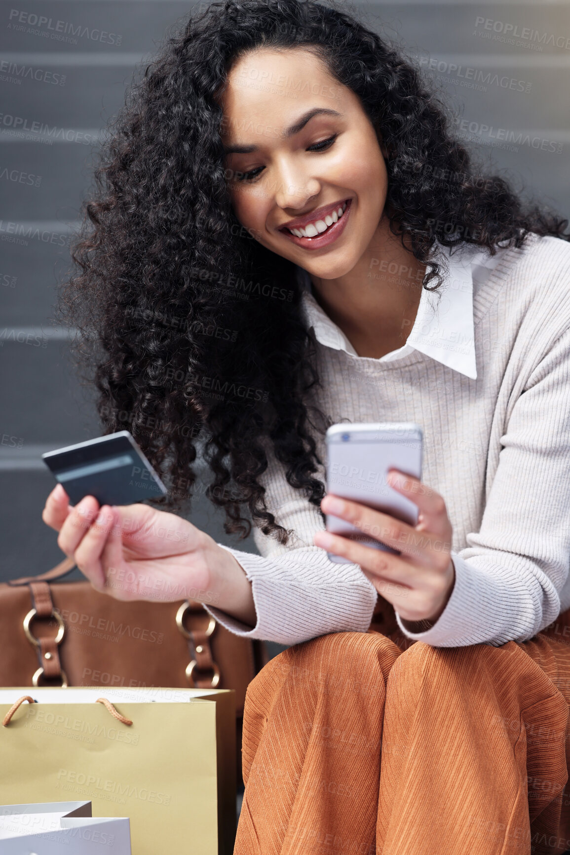 Buy stock photo Online shopping, payment and customer with phone and credit card for fintech online payment of sale product. E commerce banking, digital retail and black woman happy with gift card financial purchase
