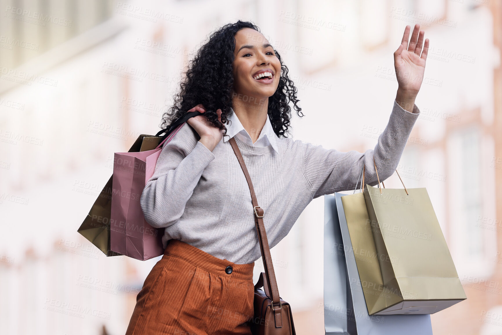 Buy stock photo Shopping, travel and woman try to stop taxi for transport in urban city after shopping spree of fashion, sales or discount clothes. Retail, bag and young black customer with hand gesture for cab ride