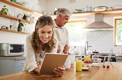 Buy stock photo Woman, tablet and old couple in home kitchen on social media, internet surfing or reading news. Retirement, elderly husband and wife in house with 5g mobile and streaming web content on digital tech.