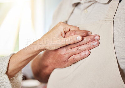 Buy stock photo Hands, elderly care and support for love in hope, trust and faith or gratitude for caring relationship. Closeup of hand holding of senior couple in unity for compassion, bonding and loving connection