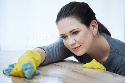 Buy stock photo Cleaning, table and woman with cloth focus on washing furniture dust, dirt or bacteria for clean home, house or apartment. Housekeeping service cleaner working on desk surface with liquid soap water