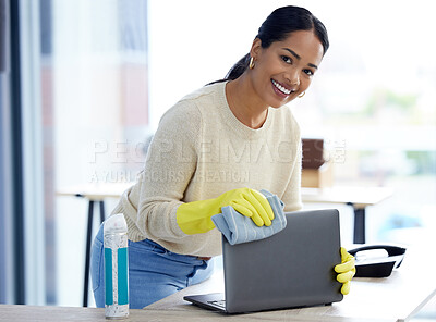 Buy stock photo Laptop, cleaning service and woman office portrait product, dust cloth and spray bottle for company health, trust and care. Entrepreneur, startup or small business owner happy with cleaner job work