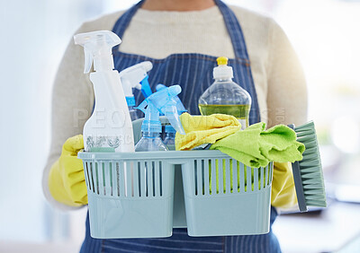 Buy stock photo Woman, housekeeping products and cleaning container for home cleaner service, office maid and worker. Zoom on spray bottle, brush and fabric cloth for home spring clean and house hygiene maintenance