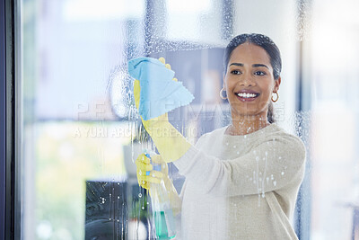 Buy stock photo Woman, window and cleaning with water, gloves and spray at office, home or workplace. Cleaner, girl and domestic service clean glass for dirt, dust and hygiene with product, detergent and cloth