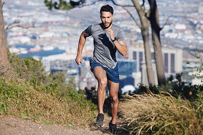 Buy stock photo City, runner and man running in nature training, cardio exercise and endurance workout for a marathon. Sports, fitness and healthy athlete on jog on a forest or mountain trail outdoors in summer 