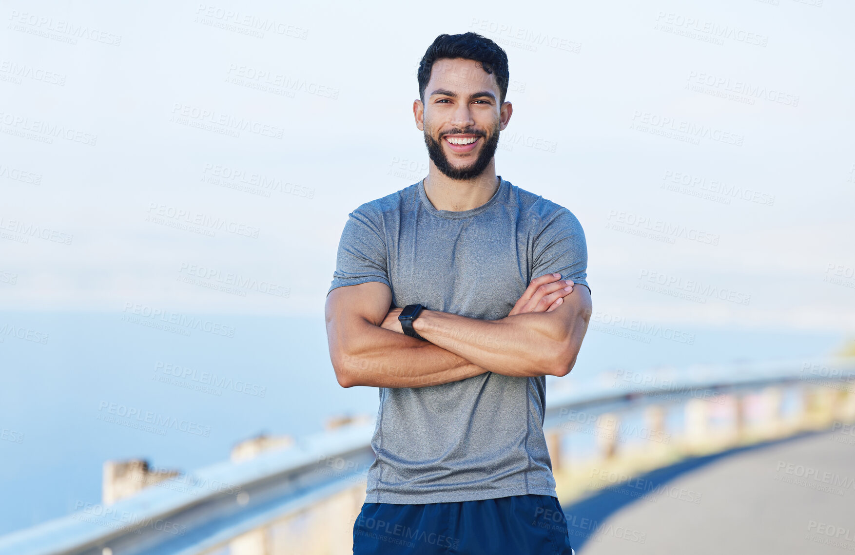 Buy stock photo Man athlete, healthy and with cross arms, smile and stand happy outdoor for workout, warm up and wellness.
Portrait, confident male and trainer ready for training, fitness and enjoy health exercise.