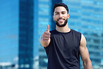 Man, thumbs up or fitness success in city workout, training or exercise for health, wellness and cardio. Portrait, smile and happy personal trainer or runner with thank you or motivation support hand