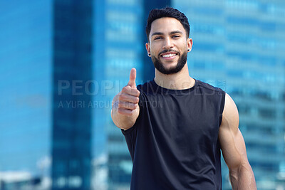 Buy stock photo Man, thumbs up or fitness success in city workout, training or exercise for health, wellness and cardio. Portrait, smile and happy personal trainer or runner with thank you or motivation support hand