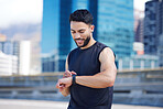 Fitness, happy man and smart watch time for marathon running, exercise workout and healthy urban city training. Sports runner monitor stopwatch, check steps in cardio progress and wellness motivation
