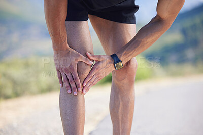 Buy stock photo Running, knee and injury with a sports man suffering from pain during a workout, exercise or training for fitness. Runner, health and medical with a male athlete holding a sore joint in inflammation