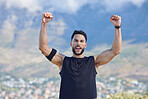 Fitness, winner and yes with a sports man in celebration of a victory outdoor in nature in the mountains. Exercise, training and workout with a young male athlete celebrating his target or goal