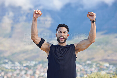 Buy stock photo Fitness, winner and yes with a sports man in celebration of a victory outdoor in nature in the mountains. Exercise, training and workout with a young male athlete celebrating his target or goal