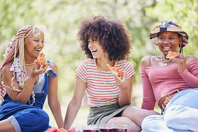 Buy stock photo Friends picnic in park, people happy on holiday in New York summer and eating pizza outdoor. Young african women smile with support, fast food diet and girls enjoy nature in happy lifestyle together