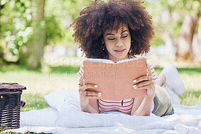 Buy stock photo Picnic, park and reading black woman with book relax for outdoor education, studying and wellness. Black woman notebook for free time leisure, learning or nature self care notes tips with trees bokeh