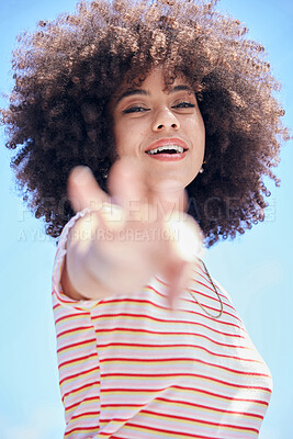 Buy stock photo Fashion, beauty and freedom with a black woman outdoor on a clear blue sky during summer vacation or holiday. Hair, travel and face with a model afro female posing alone outside on a sunny day