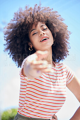 Buy stock photo Fashion, trendy and black woman in the city for holiday in Taiwan during summer. Face portrait of a young, cool and African girl with style, happiness and pride on a vacation with a blue sky