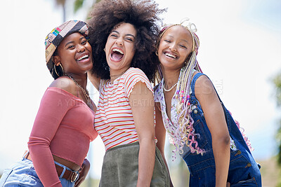 Buy stock photo Group, girl and friends with happy, laughing and smile on face in outdoor sunshine. Black woman, happiness and summer together for vacation, holiday or relax in comic time on holiday in Cape Town