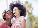 Friends, diversity and summer with a black woman and happy friend on holiday outdoor together. Vacation, smile and nature with the fun, friendship or freedom women outside for travel and tourism