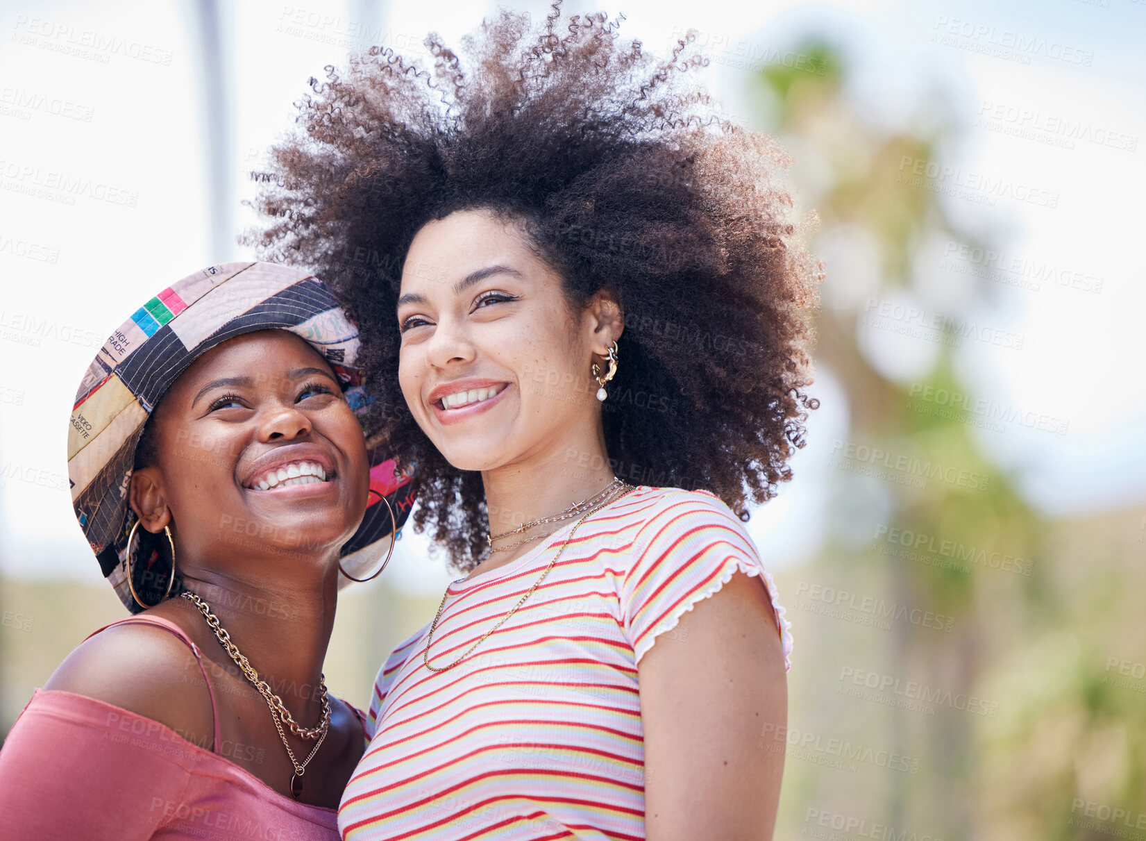 Buy stock photo Friends, diversity and summer with a black woman and happy friend on holiday outdoor together. Vacation, smile and nature with the fun, friendship or freedom women outside for travel and tourism