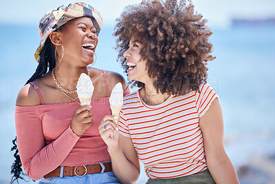 Buy stock photo Beach, ice cream and friends on holiday laughing at a funny joke while bonding, happy and relaxing with freedom outdoors. Smile, happiness and young girls eating icecream at sea for a summer vacation