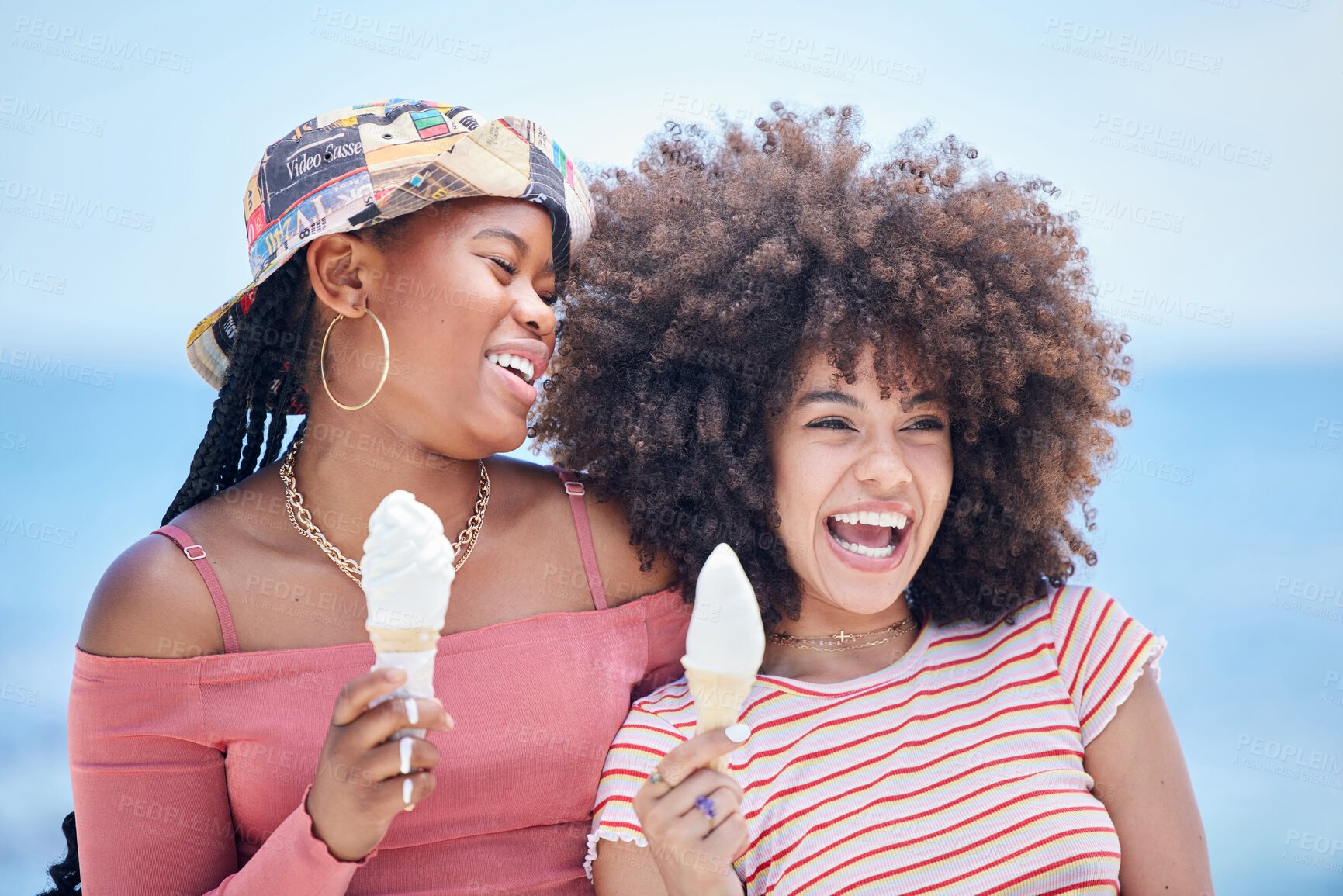 Buy stock photo Friends, ice cream and happy at beach in summer for vacation, relax or holiday. Black woman, smile and cone for dessert at ocean together in sunshine for fun, happiness and break in Rio de Janeiro