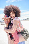 Piggyback, portrait and friends on holiday at the beach during travel in the Maldives together. Happy, relax and playful African women with smile during vacation by the ocean and sea in summer