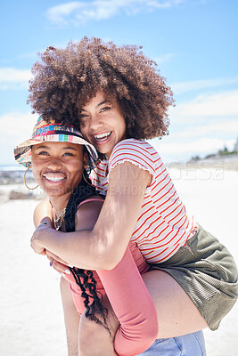 Buy stock photo Piggyback, portrait and friends on holiday at the beach during travel in the Maldives together. Happy, relax and playful African women with smile during vacation by the ocean and sea in summer