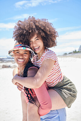Buy stock photo Girl friends, piggy back and women on the beach sand on vacation or summer holiday. Sunshine, ocean and a happy weekend in the sun, portrait of black woman and friend having fun at the sea together.