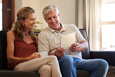 Buy stock photo Home, digital tablet and senior couple with website information, video subscription service or surfing social media app on sofa together. Elderly people networking or online retirement house planning