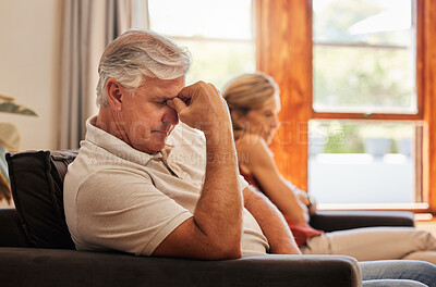 Buy stock photo Stress, divorce and old couple in living room after a fight, argument and conflict in the marriage at home. Sad, frustrated woman with a worried and tired partner on the sofa thinking of a breakup