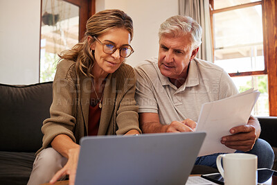 Buy stock photo Retirement couple budget, finance and investment planning, loan and paper bills with laptop technology in home. Mature people money, cash savings or legal insurance document report on online bank
