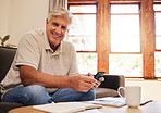 Happy, phone and portrait of senior man planning his pension, investments and savings on sofa. Happiness, banking and elderly guy from Australia in retirement paying mortgage, bills and debt online.