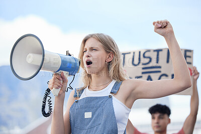 Buy stock photo Justice, megaphone and woman protest for justice, community solidarity and human rights voice on racism, government and women equality. Activism crowd or people with cardboard sign and freedom speech