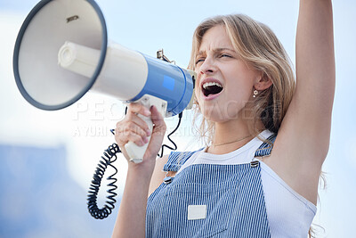 Buy stock photo Woman protest leader, megaphone in hand and speech support for human rights, freedom and ending racism. Angry female, leadership and communication for gender equality, lgbtq issues and global justice