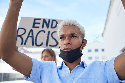 Buy stock photo End racism sign, poster and black man protest in face mask, cardboard in urban street for solidarity, race fight and human rights. Volunteer people with board for freedom, equality and violence stop