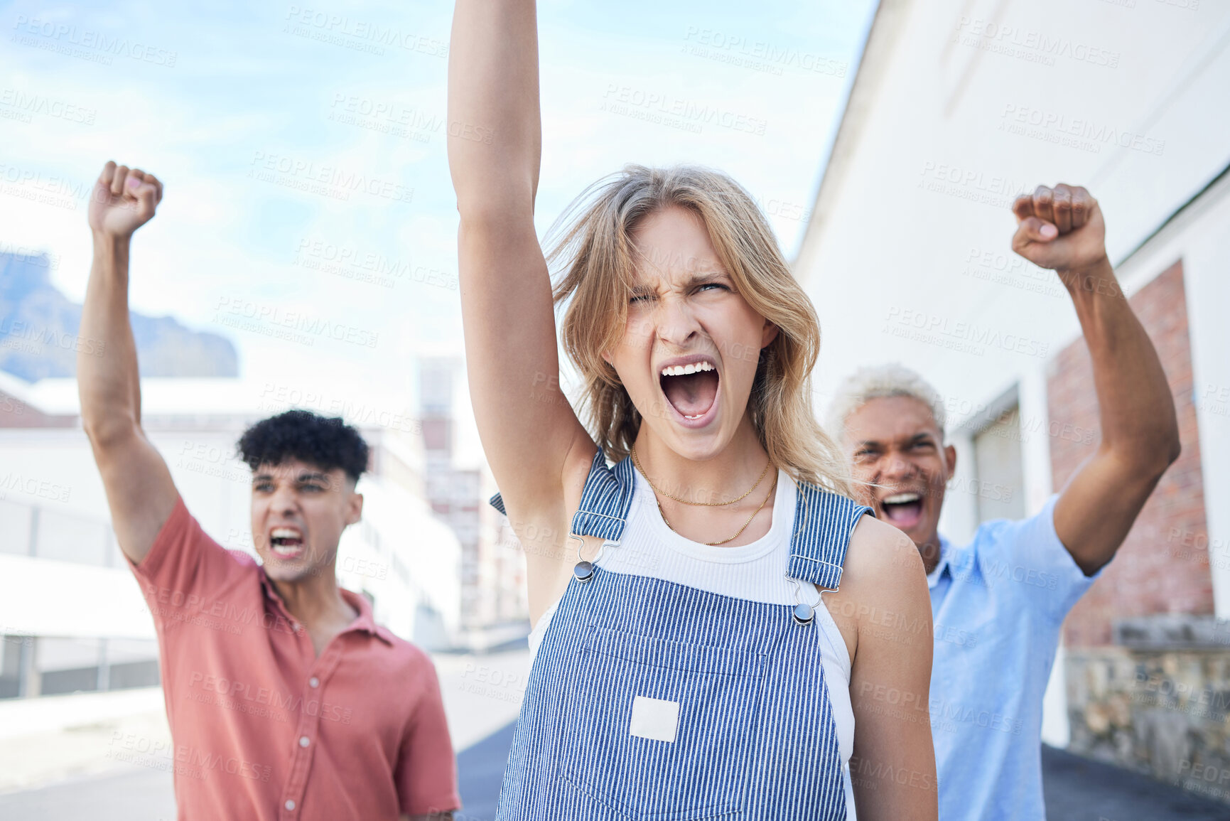 Buy stock photo Diversity, people and protest shouting in the city with fist and arms in the air for LGBTQ justice or equality. Group of activists walking in the streets for verbal, voice and opinion in South Africa