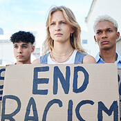 Racism protest, sign and people in support of human rights, equality ...