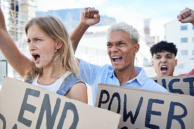 Buy stock photo Human rights protest, men and woman rally together against power oppression with fist and poster, international fight against war, racism and violence or social LGBTQ equality politics


