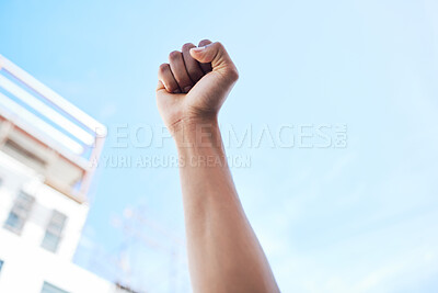 Buy stock photo Fist hands, in air for protest rally and justice with solidarity with Iran woman movement for freedom, human rights or empowerment. People fight climate change, call for action and corrupt politics. 